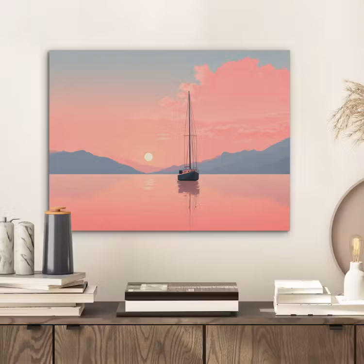 Zeilboot - Roze zee - Zonsondergang - Bergen PET vilt klein -sfeer1
