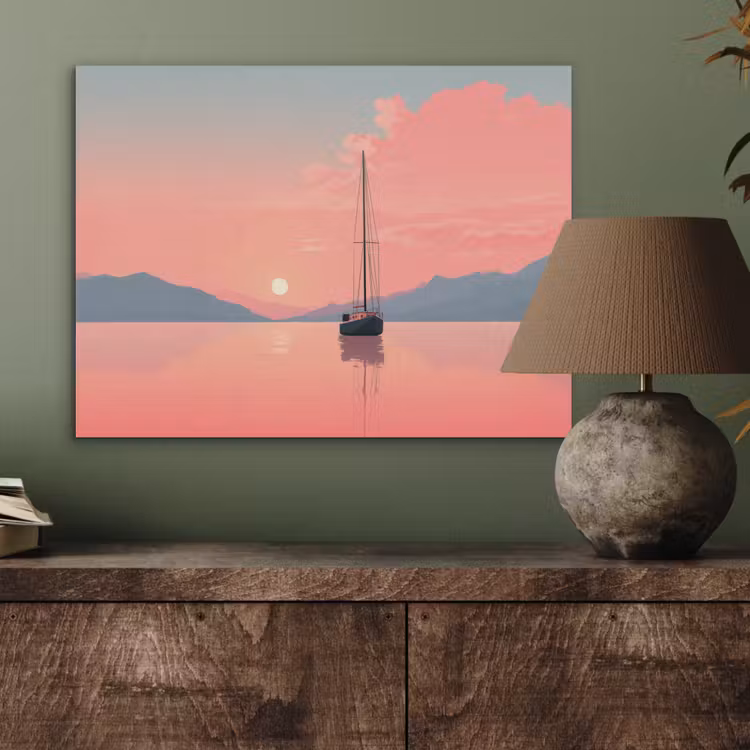 Zeilboot - Roze zee - Zonsondergang - Bergen PET vilt klein -sfeer2