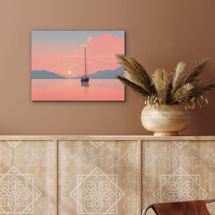 Zeilboot - Roze zee - Zonsondergang - Bergen PET vilt klein -sfeer4