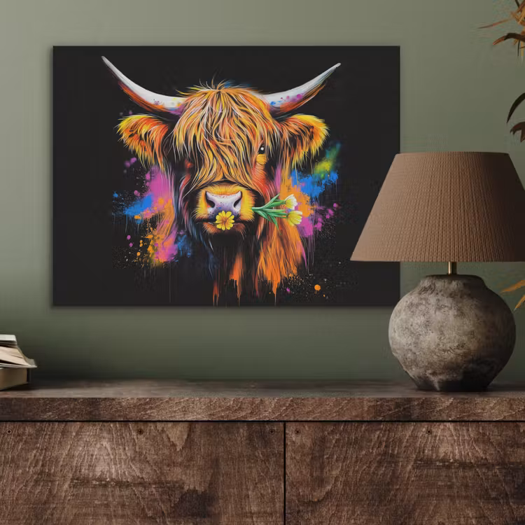 Schotse Hooglander - Graffiti - Kleurrijk - Bloem - Dieren PET vilt klein -sfeer2