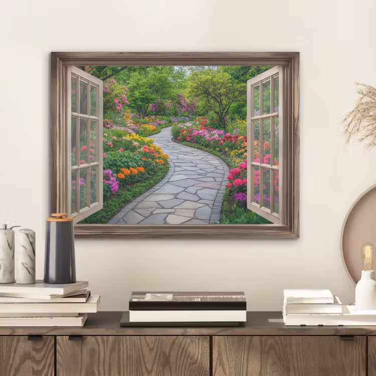 Doorkijk - Bloemen - Tuinpad - Natuur - Raam PET vilt klein -sfeer1