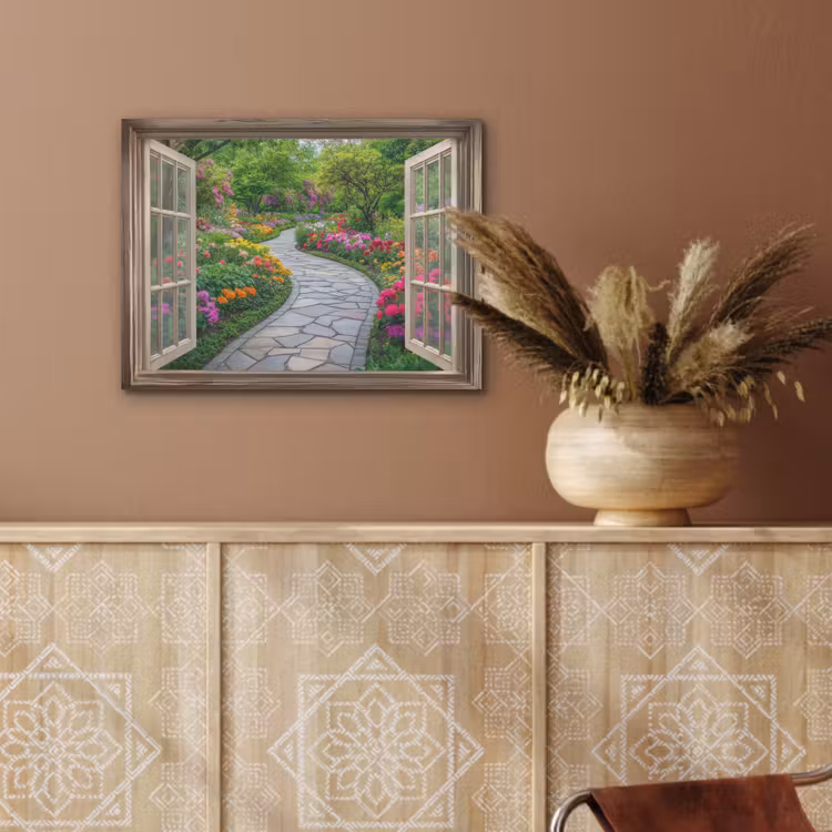 Doorkijk - Bloemen - Tuinpad - Natuur - Raam PET vilt klein -sfeer4