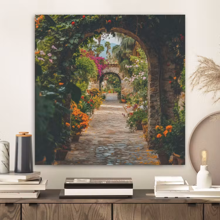 Doorkijk - Bloemen - Poort - Stenen PET vilt klein -sfeer1