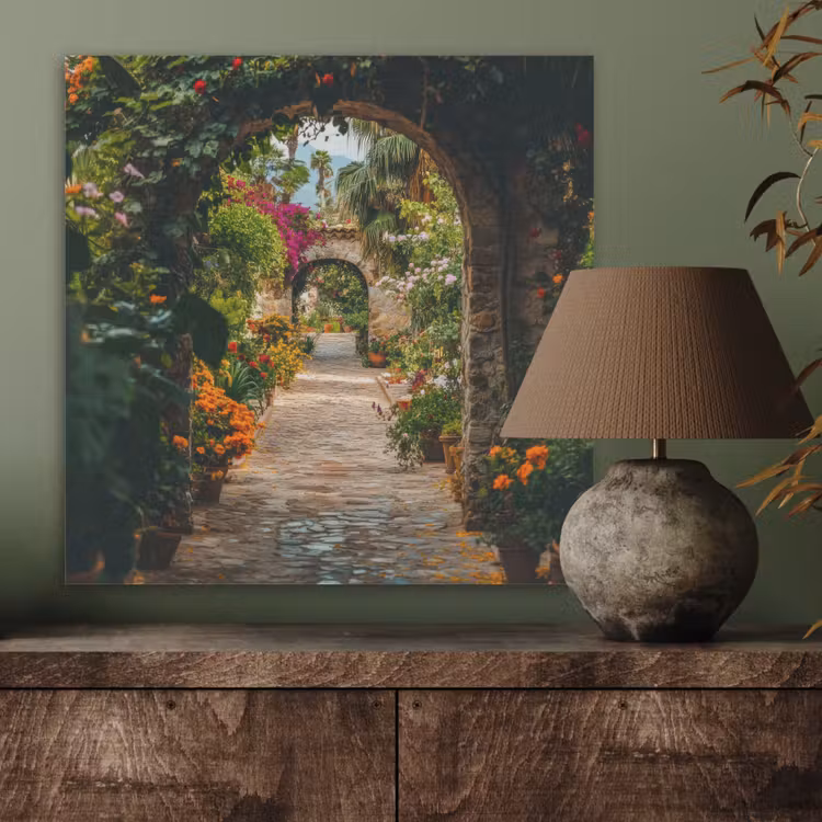 Doorkijk - Bloemen - Poort - Stenen PET vilt klein -sfeer2