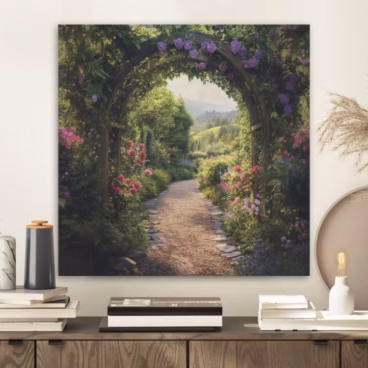 Doorkijk - Landschap - Bloemen - Tuinboog - Natuur PET vilt klein -sfeer1