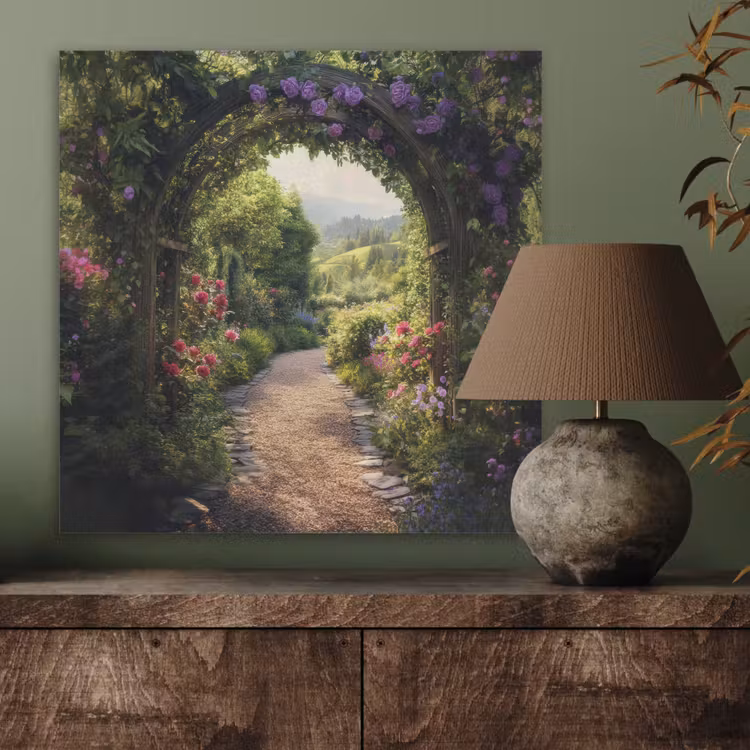 Doorkijk - Landschap - Bloemen - Tuinboog - Natuur PET vilt klein -sfeer2