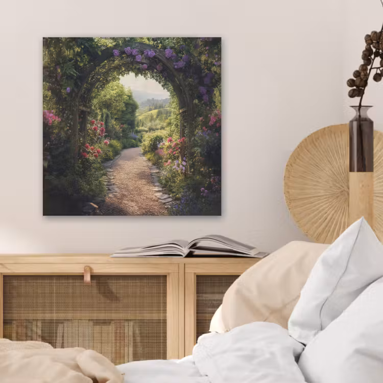 Doorkijk - Landschap - Bloemen - Tuinboog - Natuur PET vilt klein -sfeer3