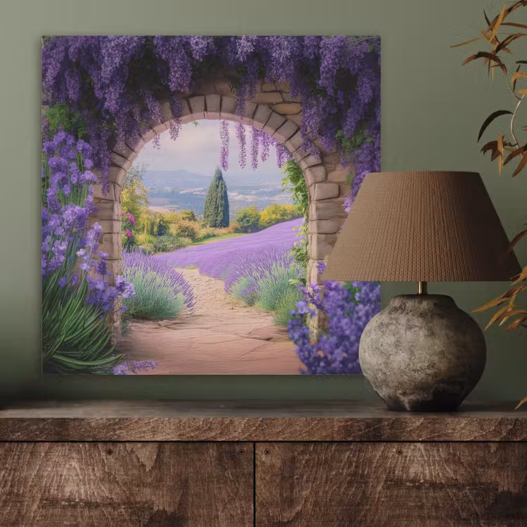 Doorkijk - Lavendel - Bloemen - Paars - Poort PET vilt klein -sfeer2