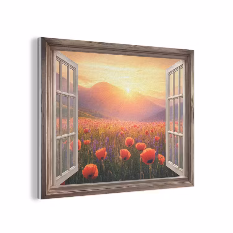 Doorkijk - Klaprozen - Bloemen - Rood - Open raam PET vilt klein -3d