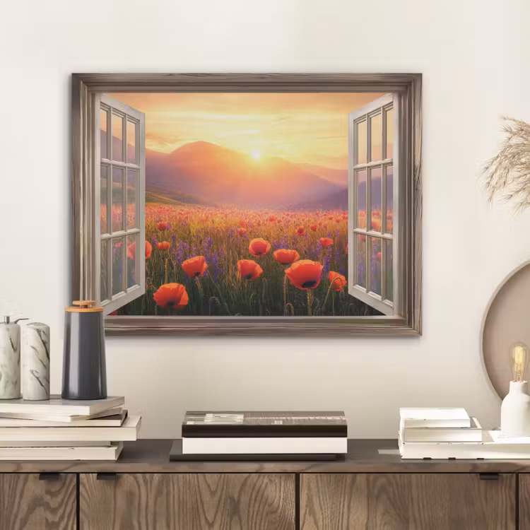 Doorkijk - Klaprozen - Bloemen - Rood - Open raam PET vilt klein -sfeer1