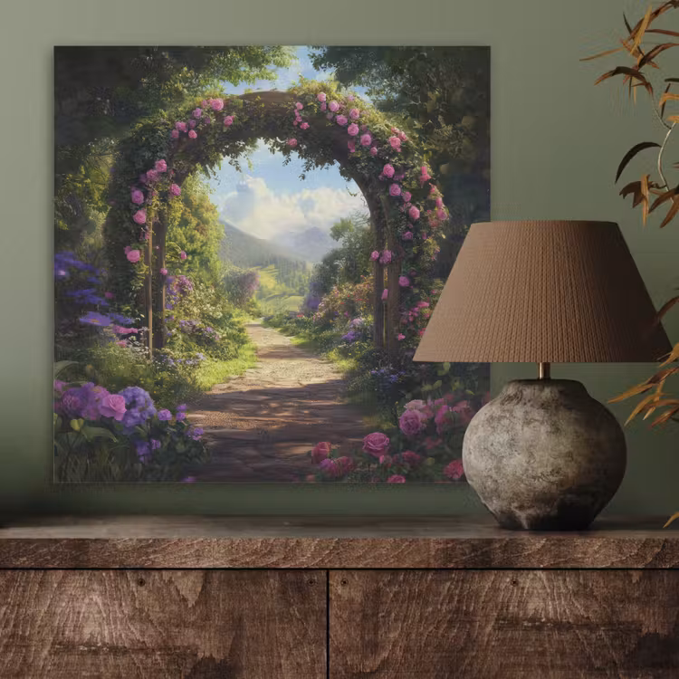 Doorkijk - Rozenboog - Uitzicht - Landschap - Bloemen PET vilt klein -sfeer2
