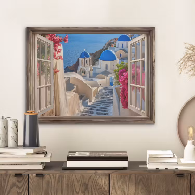 Doorkijk - Santorini - Landschap - Blauw - Grieks PET vilt klein -sfeer1