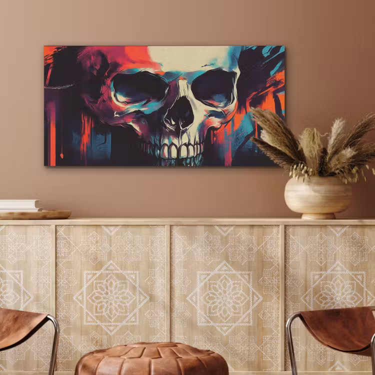 Schedel - Abstract - Rood - Blauw - Graffiti PET vilt middel -sfeer4