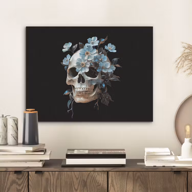 Schedel - Blauw - Bloemen - Bladeren PET vilt klein -sfeer1