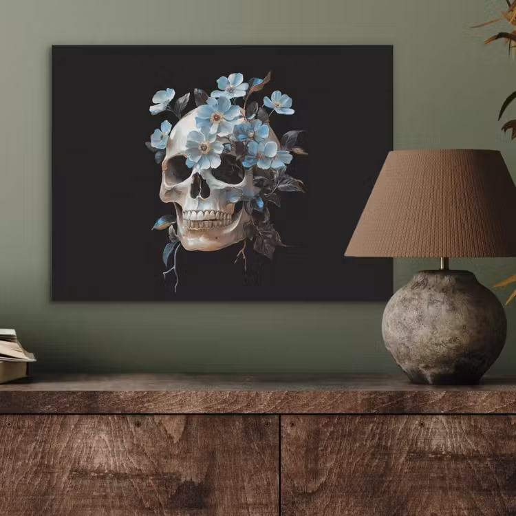 Schedel - Blauw - Bloemen - Bladeren PET vilt klein -sfeer2