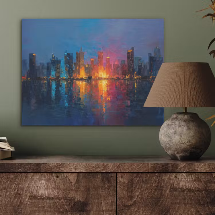 Skyline - Penseelstreken - Donkerblauw - Lichtgevend PET vilt klein -sfeer2