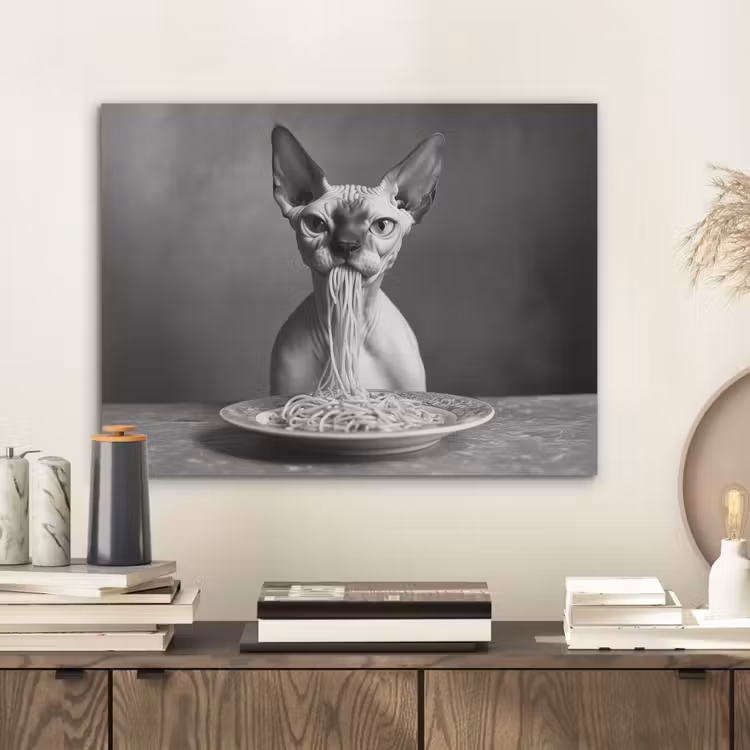 Sphynx - Kat - Dieren - Humor - Spaghetti - Zwart Wit PET vilt klein -sfeer1