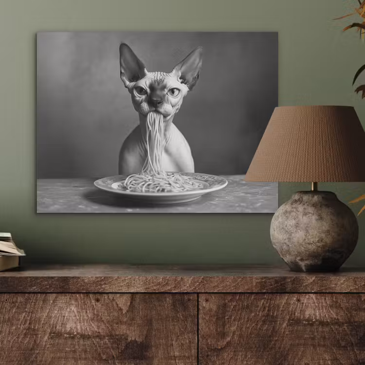 Sphynx - Kat - Dieren - Humor - Spaghetti - Zwart Wit PET vilt klein -sfeer2