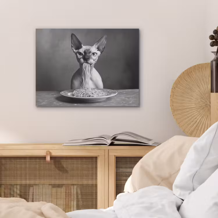 Sphynx - Kat - Dieren - Humor - Spaghetti - Zwart Wit PET vilt klein -sfeer3