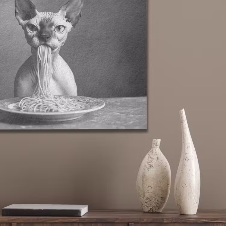 Sphynx - Kat - Dieren - Humor - Spaghetti - Zwart Wit PET vilt klein -sfeer6_closeup