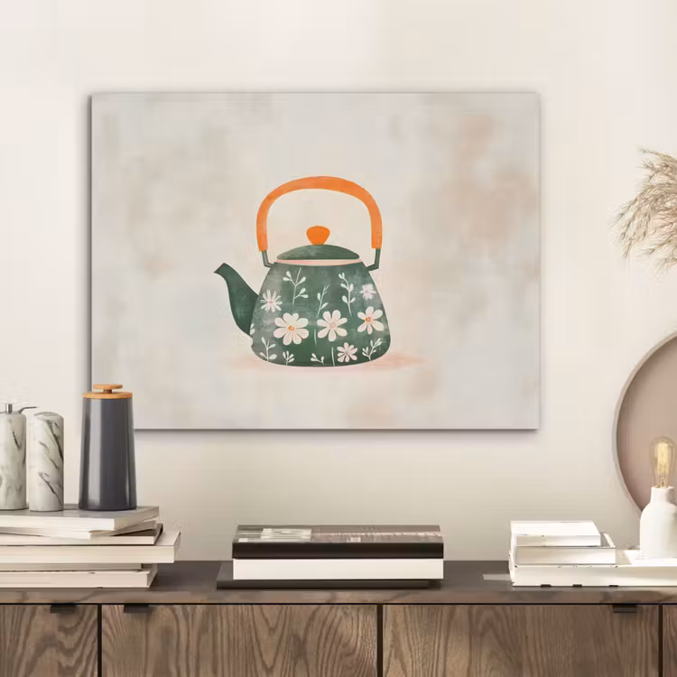 Theepot - Groen - Bloemen - Oranje PET vilt klein -sfeer1