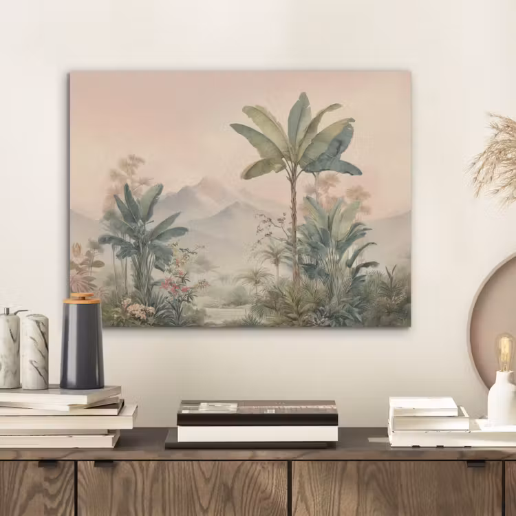 Tropisch landschap - palmbomen - Bloemen - Roze lucht PET vilt klein -sfeer1