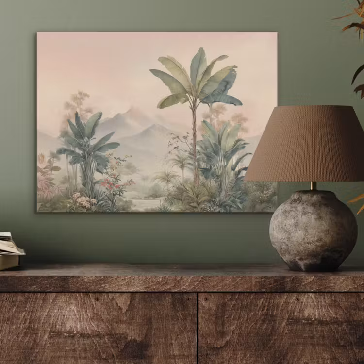 Tropisch landschap - palmbomen - Bloemen - Roze lucht PET vilt klein -sfeer2