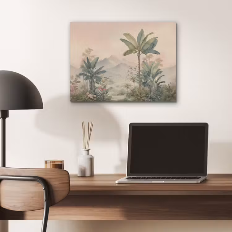 Tropisch landschap - palmbomen - Bloemen - Roze lucht PET vilt klein -sfeer5