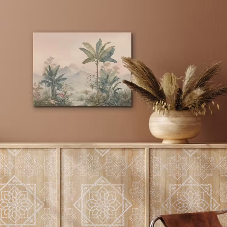 Tropisch landschap - palmbomen - Bloemen - Roze lucht PET vilt klein -sfeer4
