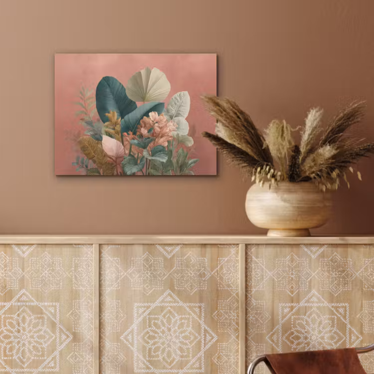 Tropische bladeren - Bloemen - Roze - groen PET vilt klein -sfeer4