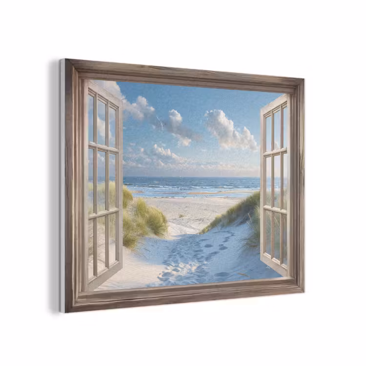 Doorkijk - Strand - Raam - Duinen - Zee PET vilt klein -3d