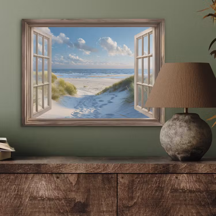 Doorkijk - Strand - Raam - Duinen - Zee PET vilt klein -sfeer2