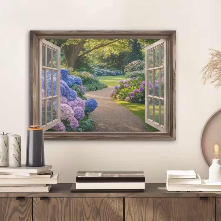 Doorkijk - Tuin - Raam - Hortensia - Bloemen PET vilt klein -sfeer1