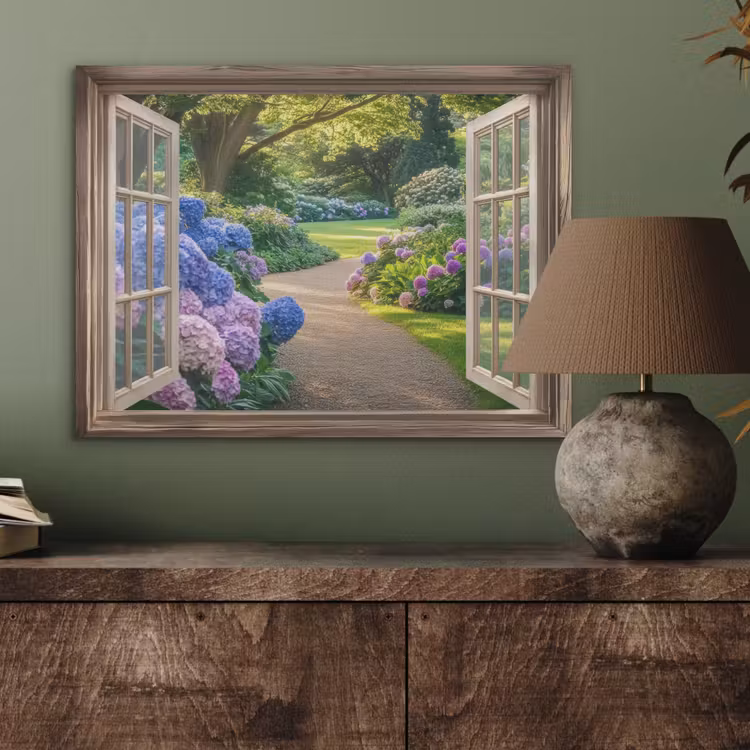 Doorkijk - Tuin - Raam - Hortensia - Bloemen PET vilt klein -sfeer2