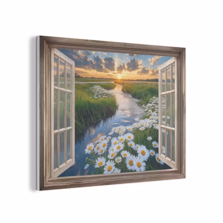 Doorkijk - Landschap - Raam - Water - Zonsondergang PET vilt klein -3d
