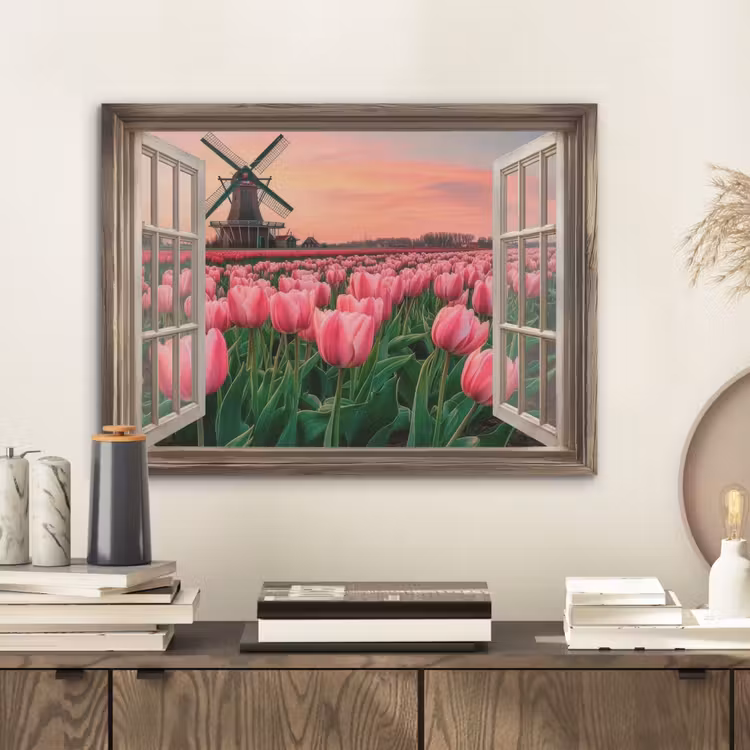 Doorkijk - Tulpen - Bloemen - Molen - Raam PET vilt klein -sfeer1