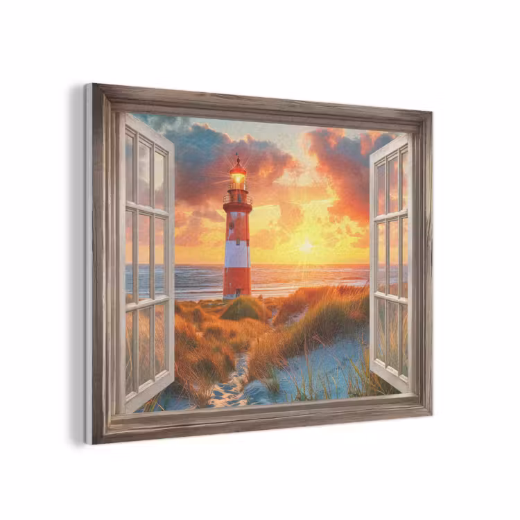 Doorkijk - Raam - Vuurtoren - Zonsondergang - Strand PET vilt klein -3d