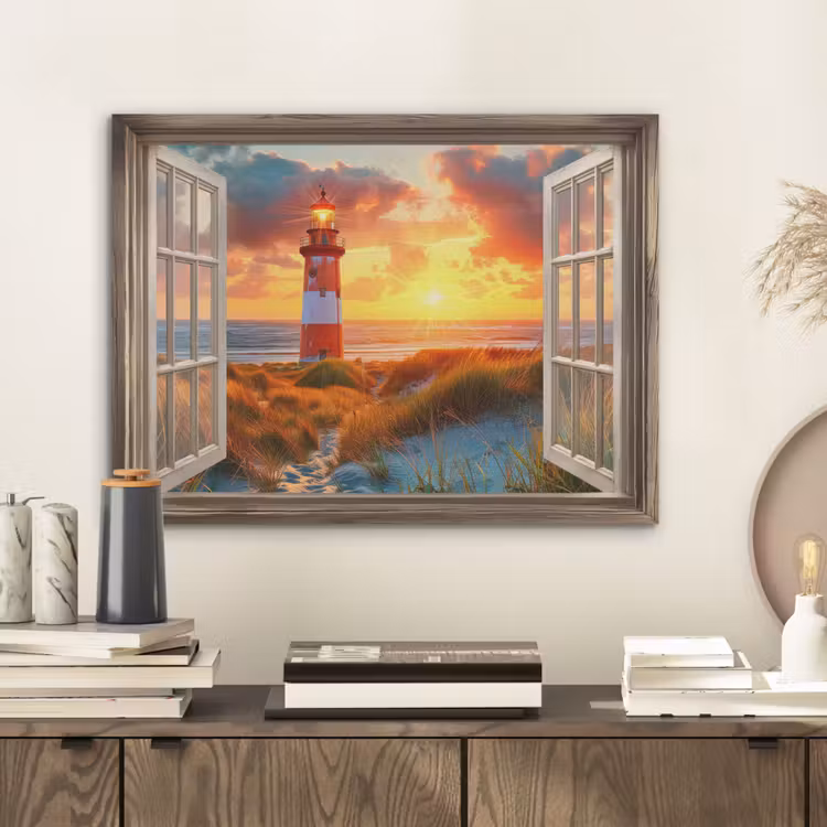 Doorkijk - Raam - Vuurtoren - Zonsondergang - Strand PET vilt klein -sfeer1