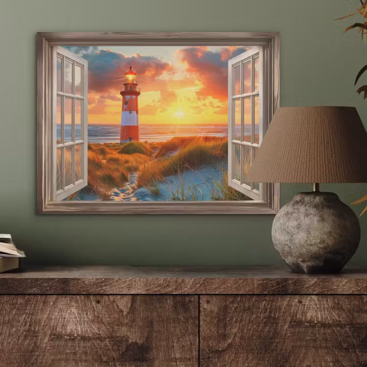 Doorkijk - Raam - Vuurtoren - Zonsondergang - Strand PET vilt klein -sfeer2