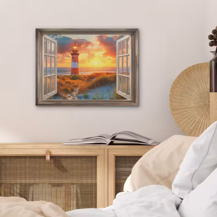 Doorkijk - Raam - Vuurtoren - Zonsondergang - Strand PET vilt klein -sfeer3