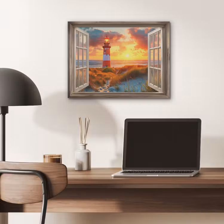 Doorkijk - Raam - Vuurtoren - Zonsondergang - Strand PET vilt klein -sfeer5