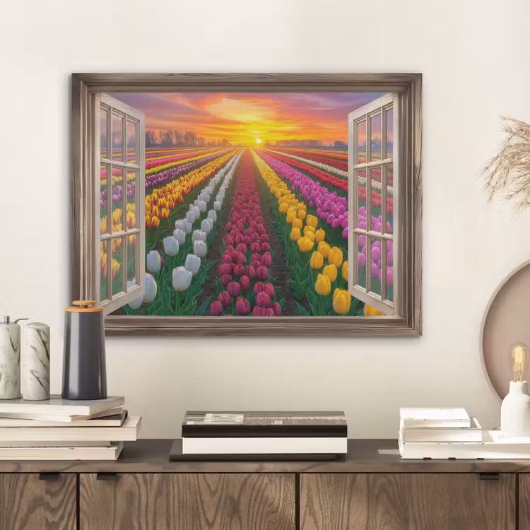 Doorkijk - Bloemen - Tulpen - Kleurrijk - Zonsondergang PET vilt klein -sfeer1