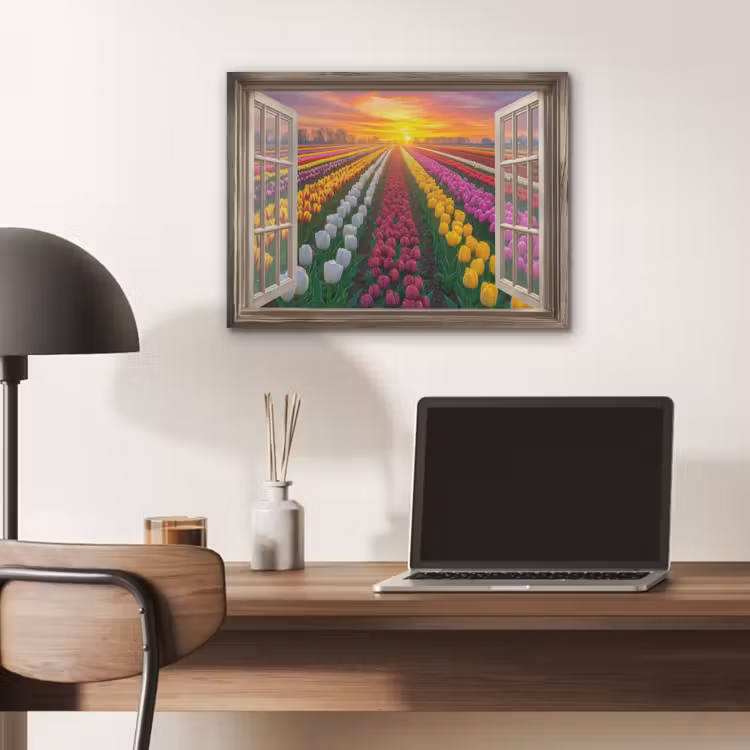 Doorkijk - Bloemen - Tulpen - Kleurrijk - Zonsondergang PET vilt klein -sfeer5