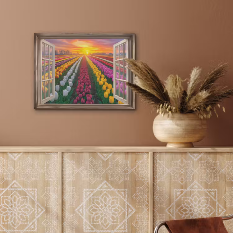 Doorkijk - Bloemen - Tulpen - Kleurrijk - Zonsondergang PET vilt klein -sfeer4