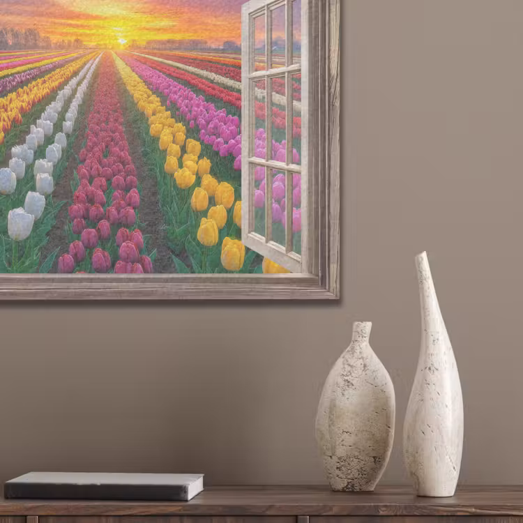Doorkijk - Bloemen - Tulpen - Kleurrijk - Zonsondergang PET vilt klein -sfeer6_closeup