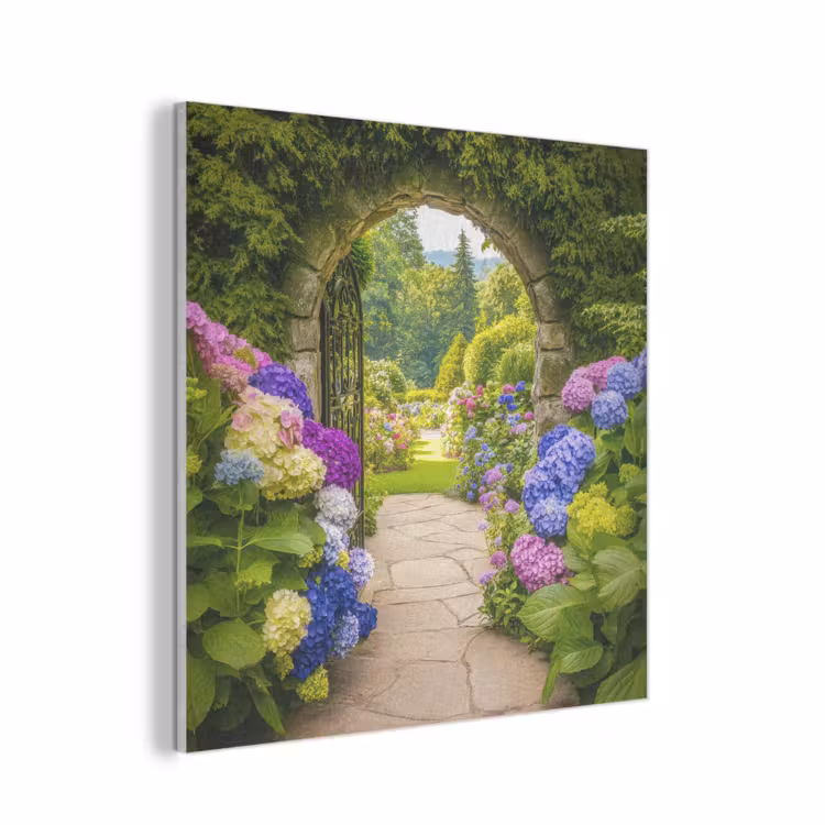 Doorkijk - Poort - Hortensia - Bloementuin PET vilt klein -3d