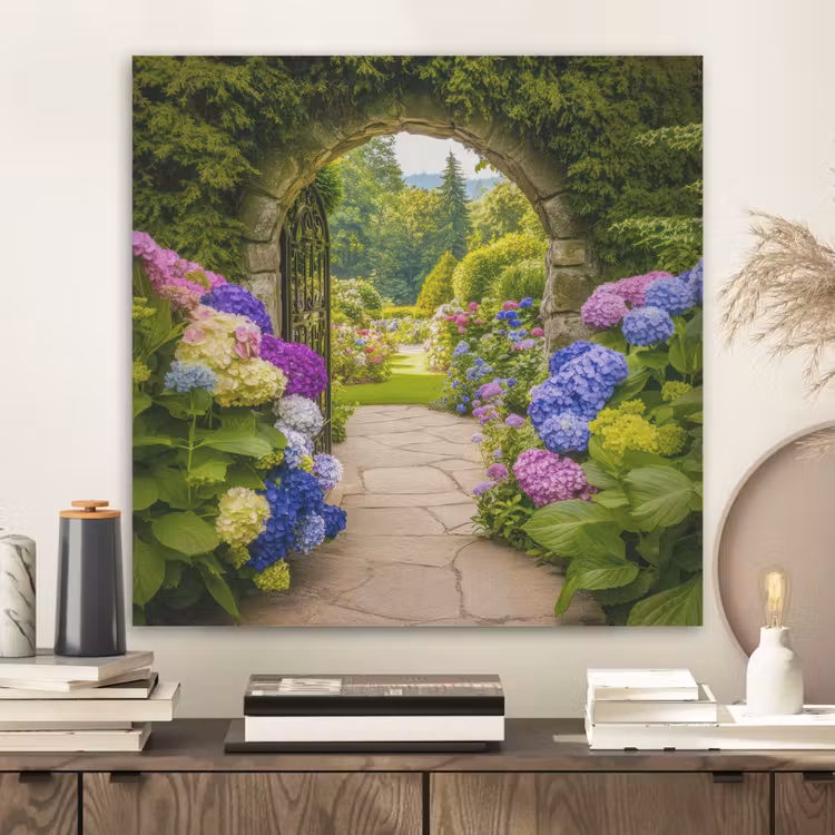 Doorkijk - Poort - Hortensia - Bloementuin PET vilt klein -sfeer1
