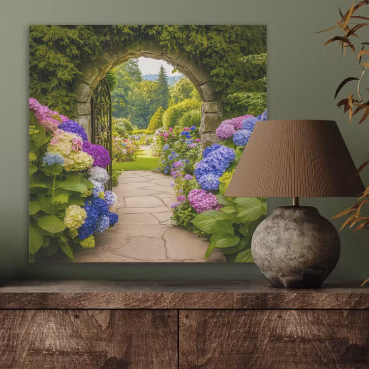Doorkijk - Poort - Hortensia - Bloementuin PET vilt klein -sfeer2