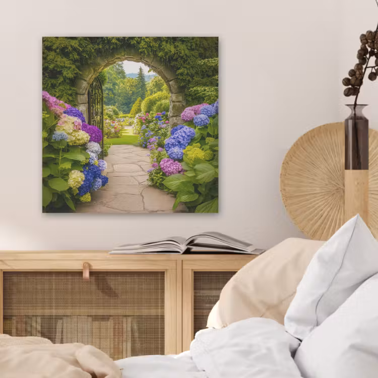 Doorkijk - Poort - Hortensia - Bloementuin PET vilt klein -sfeer3