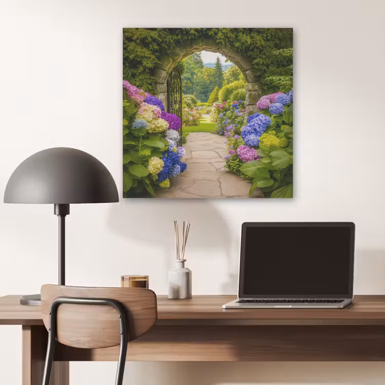 Doorkijk - Poort - Hortensia - Bloementuin PET vilt klein -sfeer5